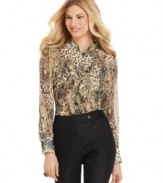 Staying put-together just got a little wild with this Jones New York blouse, featuring an allover animal print on semi-sheer fabric. Pair it with a cami and slim pants for everyday chic!