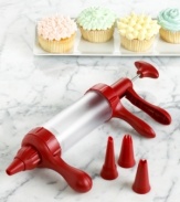 No one will believe you made these cupcakes at home! Get creative with a cupcake decorating press that makes impressive detailing easy with four different decorating tips that create intricate designs and delicate poufs of icing for guests to enjoy and devour. 10-year warranty.