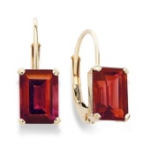 Crimson chic. Add a vibrant pop of color to your look with emerald-cut garnet (3/4 ct. t.w.) set in luminous 14k gold. Approximate drop: 1/2 inch.