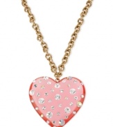 Show you have a big heart with this pendant necklace from Betsey Johnson. Crafted from antique gold-tone mixed metal, the chain suspends a big lucite heart with glass crystal accents, which is just more to love. Approximate length: 16 inches + 3-inch extender. Approximate drop: 3 inches.