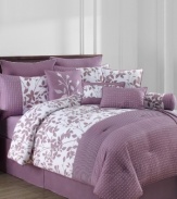 A chic lavender and white silhouette leaf print adorns this Audrey comforter set, featuring a pleated stripe and embroidered dots for rich texture. A lightweight coverlet, bedskirt and five distinctive decorative pillows complete this fresh, modern look. (Clearance)