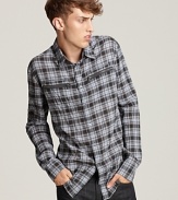 A slimmer fit brings old-school plaid up to speed in this John Varvatos Star USA shirt.