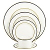 Kate Spade and Lenox join together to bring ease, elegance and understated wit to the table. Library Lane, a pattern banded with stripes, can be dressed up by mixing in the accent plate that is rimmed in navy with gold dots.