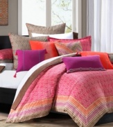 A kaleidoscope of color. Featuring bright, bold hues and geometric patterns inspired by the artistry of Mayan designs, this Echo comforter set makes an exotic statement. Flip the comforter and shams to reveal a gray geo print. Comforter features tackless stitching for clean finish; shams feature overlap closure.