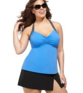 Fit 4 U's plus size tankini top makes a splash with contrasting polka dot-printed straps!