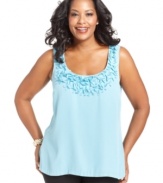 Look pretty in petals with Charter Club's sleeveless plus size top, finished by an appliqued neckline-- layer it with jackets and cardigans this season.