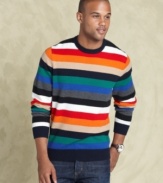 Look cool while staying warm in this super soft Tommy Hilfiger vibrant striped sweater.