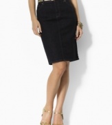 A classic pencil skirt silhouette crafted from sleek stretch denim for ultra-contemporary style.