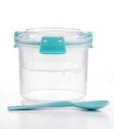 Mornings don't have to be a mess! Start out right with a balanced breakfast in this handy to-go container with rubberized airtight seal, two compartments to separate wet and dry ingredients and a snap-in spoon. Ideal for taking yogurt, granola, milk or cereal on the go and enjoying when you have a minute to spare. Limited lifetime warranty.