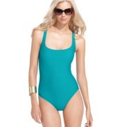 All strapped in: MICHAEL Michael Kors' swimsuit features a sexy, strappy back that's sure to turn heads!