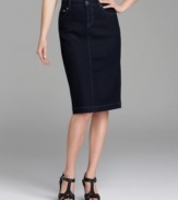 The darkest blue wash around gives Style&co.'s denim pencil skirt a dressier look. The tummy control panel ensures a smooth, lean silhouette!