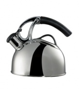 Lift and tip this whistling tea kettle and the spout pops open automatically for effortless pouring. Ergonomically designed for exceptional comfort, the soft, non-slip handle is heat-resistant for added safety. With a 2-qt. capacity and a large opening for simple filling and cleaning. Manufacturer's lifetime limited warranty.