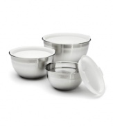 Put your kitchen into the mix. You're equipped to take on any size recipe with 6 nesting stainless steel bowls with steady bases, tall sides and tight-fitting lids to cut down on mess, maximize freshness and provide the ideal space for meal-making.