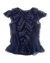 Soft ruffles cascade down the front of this sweet chiffon blouse.