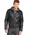 This Calvin Klein faux leather jacket looks just as good as the real thing, with an optional zip-out knit hood for an added layer of rugged charm.