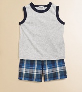 Crafted in plush cotton, this handsome man's little set is mad for plaid shorts and topped with a contrasting trimmed knit.CrewneckSleevelessPullover styleElastic waistCottonMachine washImported