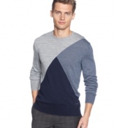 Boost up your look with this colorblock crewneck sweater from Calvin Klein.