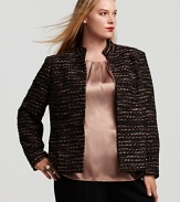 Richly textured tweed shapes this Jones New York Collection stand collar jacket, designed with lightly padded shoulders and a fitted waist to create a feminine silhouette.