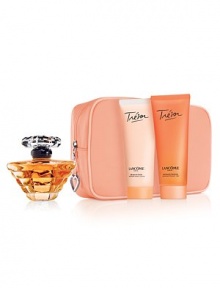 Love. Romance. Elegance. Trésor is for a woman who understands that time is precious and moments in this fast-paced world are to be treasured. The elegance of rose, mugent and lilac, and the sparkle of peach and apricot blossom are just a few notes that define this luminous fragrance. Set includes: 1.7 oz. Eau de Parfum, 2.5 oz. Perfumed Body Lotion, 2.5 oz. Perfumed Shower Gel and a cosmetics bag.