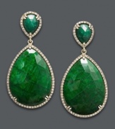 Get ready for a fiesta. These head-turning earrings features teardrop-shaped dyed-green corundum sapphires (65 ct. t.w.) surrounded by round-cut diamonds (3/4 c.t. t.w.). Set in 14k gold. Stones are from Brazil.