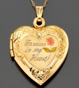 Keep loved ones close with this beautiful 14k gold heart locket. Embellished with elegant engraving, this locket proclaims its contents are Forever in my heart. Approximate length: 18 inches. Approximate drop: 1 inch.