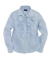 A preppy cotton striped oxford shirt features signature pony embroidery and a ruffled placket for a pretty look.