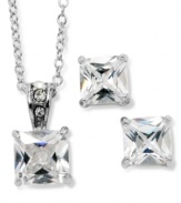 Add a one-two punch of sparkle to your look in City by City's chic jewelry set. Square-cut cubic zirconias (7-1/2 ct. t.w.) shine in a silver tone mixed metal setting. Approximate necklace length: 16 inches + 3-inch extender. Approximate pendant drop: 3/4 inch. Approximate earring drop: 3/4 inch.