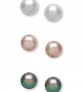 Polish just about any look with the perfect hue. This 3-piece stud earring set features cultured freshwater pearls (8-9 mm) in white, pale pink and black. Set in sterling silver. Approximate diameters: 3/8 inch and 1/3 inch.