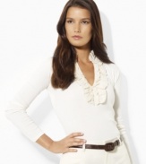 A chic ruffled V-neckline lends romantic appeal to this baby-ribbed cotton pullover from Lauren by Ralph Lauren.