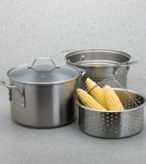 Expect more from your cookware with the Simply Calphalon stainless multi-pot. From appetizer to entree, this pot can do it all: prepare perfect pasta in the strainer insert, steam vegetable in the steamer and simmer soup in the stock pot. A double-coated nonstick interior ensures smooth, easy cooking. 10-year warranty.