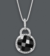 Perfectly poised and plenty polished. This stunning pendant highlights a round-cut onyx (10 mm) surrounded by a halo of sparkling diamonds (1/4 ct. t.w.). Crafted in sterling silver. Approximate length: 18 inches. Approximate drop: 3/4 inch.