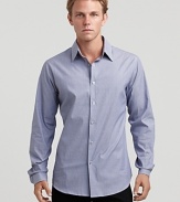 Subtle stripes, barrel cuffs, and a touch of stretch take this woven shirt by Theory from the office to evening.