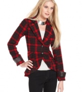 Allover plaid with faux-leather elbow patches & details make this MM Couture blazer a must-have for hot fall style!