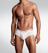 Cotton stretch hip briefs with body defining fit. Elasticized waist band with logo, pouch front.