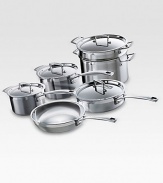 This essential collection of Le Creuset stainless steel is perfect for newlyweds or a new kitchen. Tri-ply construction with full aluminum cores provide even, all-around heat distribution while eliminating hot-spots and scorching. Set includes a fry pan, 2 QT. saucepan with lid, saucepan with lid, sauté pan with lid, pasta insert and stockpot with lid.