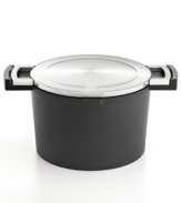 Marvelous meals made easy-this cast aluminum essential steps up to every task with a heavy-duty nonstick ceramic coating that releases food fast and guarantees an eco-friendly PFOA- and PTFE-free approach to the art of cuisine. The innovative lid design doubles as a handy hot plate & also, thanks to special holes in the rim of this stockpot, can stay on during pouring for mess-less prep. 3-year warranty.