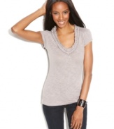 INC's tee gets a feminine makeover with flirty ruffle trim! Try it with jeans, capris and more.