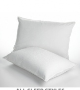 The unique design of the Down Enhance(tm) provides the softness and adjustability of down plus comfortable support for all sleep positions.  Featuring an inner down-filled sleeve through the heart of the pillow surrounded by more fluffy down fill for ultimate comfort. A 300 thread count 100% cotton Barrier Weave(tm) fabric cover keeps the down secure. Only Pacific Coast® Down is Hyperclean®, which means dust, dirt and allergens have been removed. Also includes a zippered cover for more pillow protection.