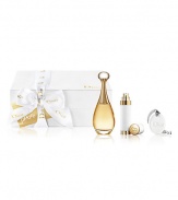 Discover the fragrance that embodies the ultimate expression of femininity and luxury. Like a bouquet of sensuality worn on the skin, J'adore reveals a luminous and precious floral bouquet, with notes of Ylang-Ylang, Rose, and Jasmine.This elegant set includes a J'adore Eau de Parfum Spray (3.4 oz.), Refillable Purse Spray (0.25 oz.), and ceramic Christian Dior Ornament in a limited edition pebbled jewel box. 