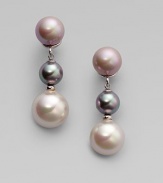 A trio of softly hued pearls, in grey, nuage, and white, elegantly dangle.8mm, 10mm and 12mm multicolor organic man-made pearls Sterling silver Drop, about 1½ Pierced clip Made in Spain