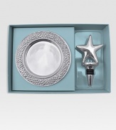 Show-stopping touches for a favorite vintage, crafted from cast aluminum and buffed by hand to a gleaming finish. A star-crowned bottle stopper and bead-framed wine plate arrive in a gift box, perfect for giving. Bottle stopper, 5½H Hand wash Imported 