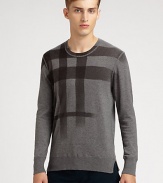 A simple, sophisticated addition to any casual wardrobe, shaped in a superior blend of cashmere and cotton, accented by a clean, check pattern for a signature look.CrewneckRibbed knit cuffs and hem50% cashmere/50% cottonDry cleanImported