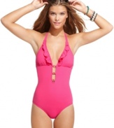 Take a plunge outside of the pool with GUESS?'s one-piece swimsuit. Cutouts and ruffles give it a unique look!