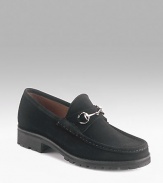 Black suede loafer. Silver horsebit. Lug sole Made in Italy 