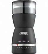 Bring out bigger, bolder taste in every cup. The De'Longhi blade-style coffee grinder features an electronic grind selector with three settings -- coarse, medium and fine -- and a quantity control knob that make fresh beans ready-to-brew in seconds. One-year limited warranty. Model KG49.