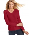 Stay classic in Karen Scott's soft petite V-neck sweater, rendered in cotton cable-knit. It's polished style at such a low price!