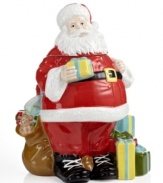 Fill his belly. This giant Santa Claus cookie jar from Martha Stewart Collection gets the festive spirit in full swing, featuring a pile of packages at St. Nick's feet and a rich, beautiful glaze.