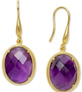 Adorn yourself with the season's hottest hues: jewel tones! These eye-catching earrings feature two faceted, oval-cut amethyst drops (17-1/10 ct. t.w.) in an 18k gold over sterling silver setting. Approximate drop: 1-1/2 inches.