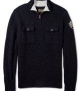 A warm wool make and a sporty back logo make this Lucky Jeans sweater cozy and cool.