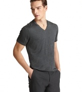 Single jersey melange v-neck tee, soft and luxe. Great stand alone tee.